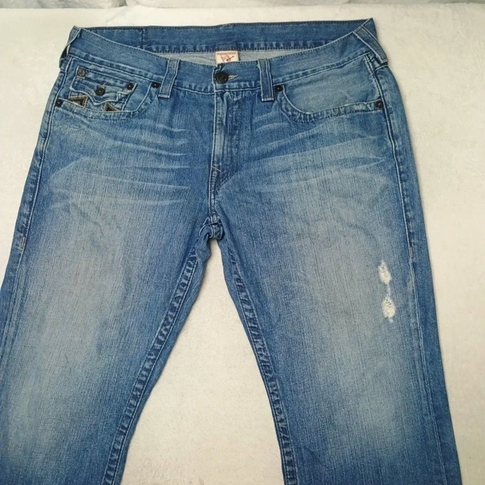 True Religion Jeans Men 38x34 Blue Straight Light Wash Billy Super T Embroidered